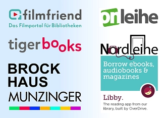 Ein digitales Plakat, dem die digitalen Angebote der Stadtbibliothek zu entnehmen sind. Filmfriend, Tigerbooks, Brockhaus und Munzinger online, Onleihe und Nordleihe. © ri