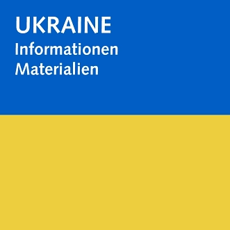 Quadratisches, verlinktes Bild in den Farben der ukrainischen Flagge, auf dem steht: Ukraine - Informationen, Materialien © Stadtbibliothek